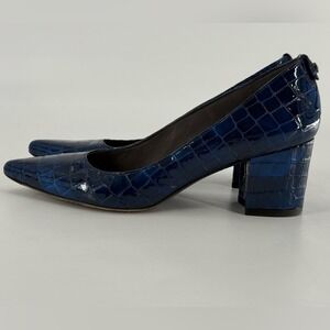 Stuart Weitzman Blue Croc Pointy Toe Block Heels Pumps 7.5